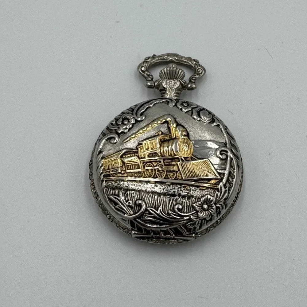 Vintage Style Silver Tone Locomotive Train Pocket Watch No Chain Untested‎